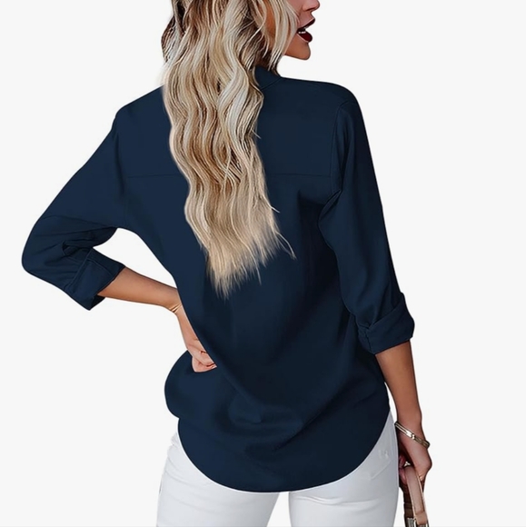 HELLOBABY | Women's Dark Navy Long Sleeved Button Down Lightweight Blouse - Picture 2 of 8
